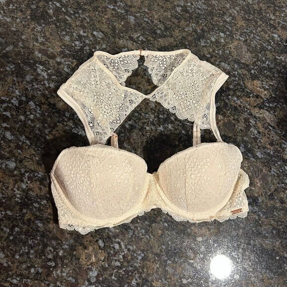 Victoria’s Secret Pink Lace Push Up Bra Choker Style EUC 32C Cream - Picture 1 of 10